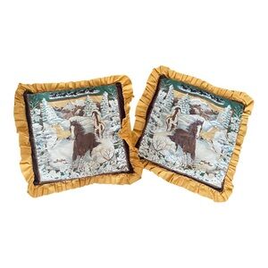 Vintage Equestrian Horse Pillow Covers Ruffle 80s/90s Winter Scene Set Of 2